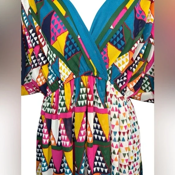 Maeve Anthropologie Semi Sheer Geometric Dress sz 4 V-Neck Cinch Shoulders Blue - Picture 5 of 11